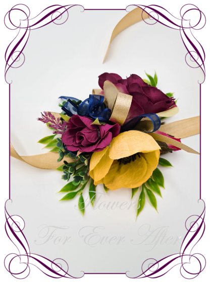 Faux wedding flowers for ladies corsage. Featuring silk plum purple rose, yellow, gold and navy. Made in Melbourne Australia