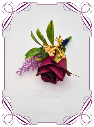 Men's wedding flowers faux colourful silk artificial groom gents wedding formal button boutonniere with beauty pink rose , yellow berries, and foliage. Made in Melbourne Australia