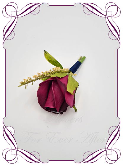 Men's wedding flowers faux colourful silk artificial groom gents wedding formal button boutonniere with beauty pink rose and foliage. Made in Melbourne Australia