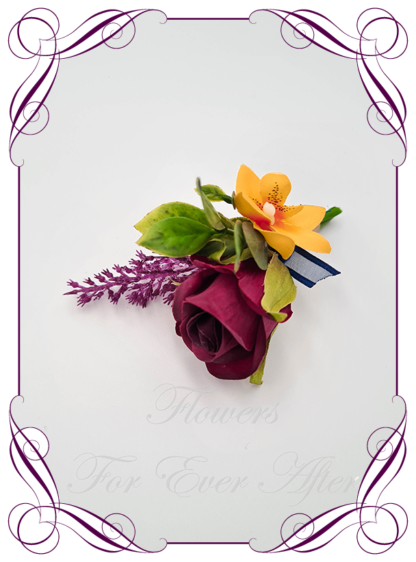 Men's wedding flowers faux colourful silk artificial groom gents wedding formal button boutonniere with beauty pink rose , yellow orchid, and foliage. Made in Melbourne Australia