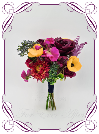 Silk Junior Bridesmaid Bouquet in realistic plum burgundy, yellow, magenta pink and green flowers. Bridal posy, featuring artificial roses, peonies, dahlia, ranunculus, poppies, sweet pea flowers in a romantic elegant and unusual bridal style modern luxe wedding bouquets. Made in Melbourne by Australia's Best Artificial Bridal Florist. Buy online now. Worldwide Shipping available
