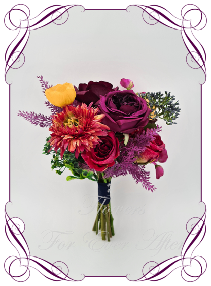 Silk Junior Bridesmaid Bouquet in realistic plum burgundy, yellow, magenta pink and green flowers. Bridal posy, featuring artificial roses, peonies, dahlia, ranunculus, poppies, sweet pea flowers in a romantic elegant and unusual bridal style modern luxe wedding bouquets. Made in Melbourne by Australia's Best Artificial Bridal Florist. Buy online now. Worldwide Shipping available