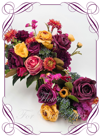Silk Bridal Bouquet package in realistic plum burgundy, yellow, magenta pink and green flowers. Bridal posy, featuring artificial roses, peonies, dahlia, ranunculus, poppies, sweet pea flowers in a romantic elegant and unusual bridal style modern luxe wedding bouquets. Made in Melbourne by Australia's Best Artificial Bridal Florist. Buy online now. Worldwide Shipping available