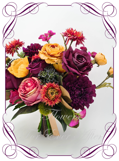 Silk Bridal Bouquet in realistic plum burgundy, yellow, magenta pink and green flowers. Bridal posy, featuring artificial roses, peonies, dahlia, ranunculus, poppies, sweet pea flowers in a romantic elegant and unusual bridal style modern luxe wedding bouquets. Made in Melbourne by Australia's Best Artificial Bridal Florist. Buy online now. Worldwide Shipping available