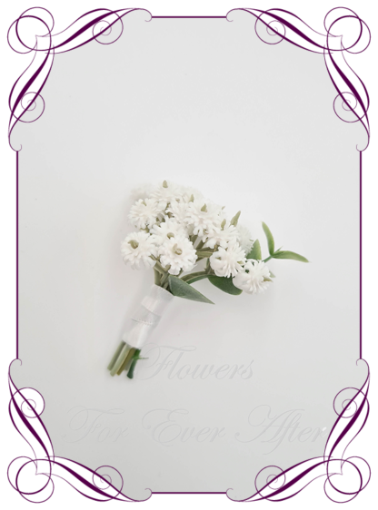 Men's wedding flowers faux classic white silk artificial groom gents wedding formal button boutonniere with baby's breath and foliage. Made in Melbourne Australia