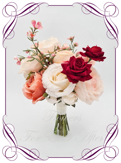 Artificial flower Bridesmaid bouquet featuring faux blush pink, peach, cream, and red. Bridesmaid posy, featuring faux roses, peonies, dahlia, ranunculus flowers in a romantic elegant and unusual bridal style modern luxe wedding bouquets. Made in Melbourne by Australia's Best Artificial Bridal Florist. Buy online now. Worldwide Shipping