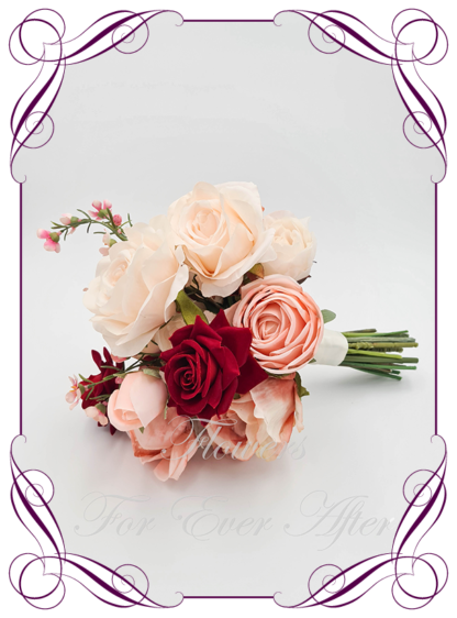 Artificial flower Bridesmaid bouquet featuring faux blush pink, peach, cream, and red. Bridesmaid posy, featuring faux roses, peonies, dahlia, ranunculus flowers in a romantic elegant and unusual bridal style modern luxe wedding bouquets. Made in Melbourne by Australia's Best Artificial Bridal Florist. Buy online now. Worldwide Shipping