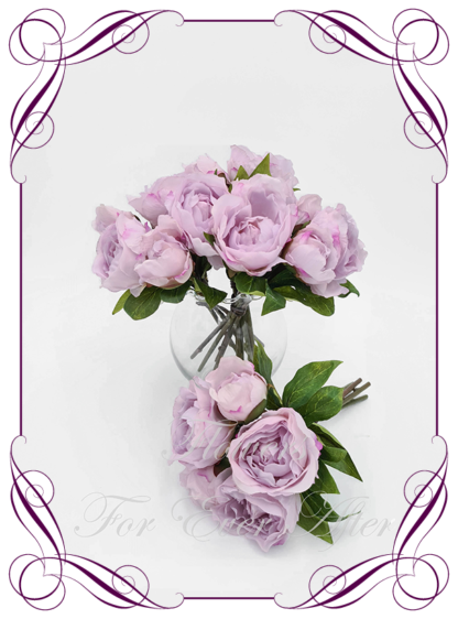 Silk artificial dusty lilac peonies for table centrepieces, or ceremony florals wedding flowers wedding arbor arch background decoration. Peonies wedding ceremony silk wedding florals, unusual romantic realistic fake wedding decoration design. Bridal table centrepiece flowers. Made in Melbourne Australia. Buy online..