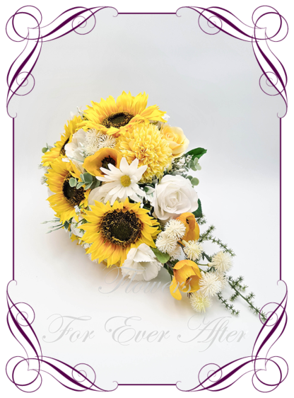 Silk artificial tear bridal bouquet flowers, wedding sunflower bouquet. Sunflower teardrop bouquet. Bridal sunflower posy. Sunflowers, daisies, white roses, and poppies. Elegant romantic wedding posy bouquet. Made in Melbourne. Buy online. Shipping worldwide.