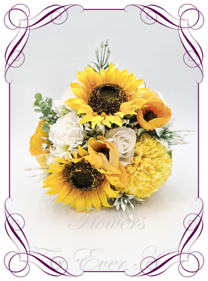 Silk artificial bridesmaid bouquet flowers, wedding sunflower bouquet. Sunflower posy bouquet. Bridal sunflower posy. Sunflowers, daisies, white roses, and poppies. Elegant romantic wedding posy bouquet. Made in Melbourne. Buy online. Shipping worldwide.