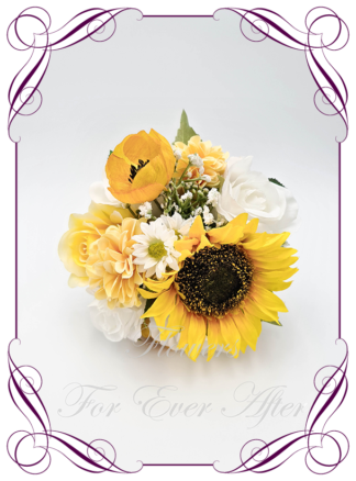 Silk artificial bridesmaid bouquet flowers, wedding sunflower bouquet. Sunflower posy bouquet. Bridal sunflower posy. Sunflowers, daisies, white roses, and poppies. Elegant romantic wedding posy bouquet. Made in Melbourne. Buy online. Shipping worldwide.