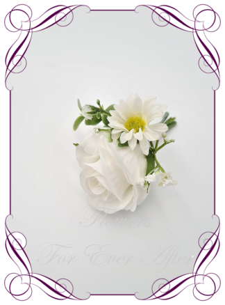 Men's wedding flowers faux silk artificial groom gents wedding formal button boutonniere with white rose, daisy, baby's breath, and foliage. Made in Melbourne Australia