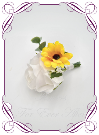 Men's wedding flowers faux silk artificial groom gents wedding formal button boutonniere with white rose, sunflower, baby's breath, and foliage. Made in Melbourne Australia
