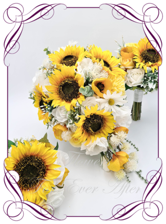 Silk artificial tear bridal bouquet flowers package, wedding sunflower bouquet set. Sunflower teardrop bouquet. Bridal sunflower posy. Sunflowers, daisies, white roses, and poppies. Elegant romantic wedding posy bouquet. Made in Melbourne. Buy online. Shipping worldwide.