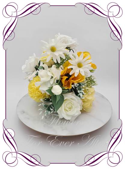 Silk faux ivory, white, yellow, sunset, sunflower table centrepiece decoration flowers. Wedding table florals. Shower table decorations. Luxe romantic wedding table centrepiece with sunflowers, roses, babys's breath, daisy, daisies, poppies, hydrangea. Affordable table decoration flowers. Made in Australia. Buy online. Shipping world wide.