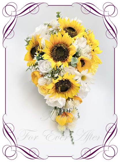 Silk artificial tear bridal bouquet flowers, wedding sunflower bouquet. Sunflower teardrop bouquet. Bridal sunflower posy. Sunflowers, daisies, white roses, and poppies. Elegant romantic wedding posy bouquet. Made in Melbourne. Buy online. Shipping worldwide.