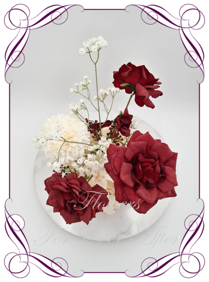 Silk artificial cream and burgundy table centrepiece decoration flowers. Wedding table florals. Shower table decorations. Luxe rustic romantic wedding table centrepiece with roses, babys's breath, berries, and hydrangea. Affordable table decoration flowers. Made in Australia. Buy online. Shipping world wide.