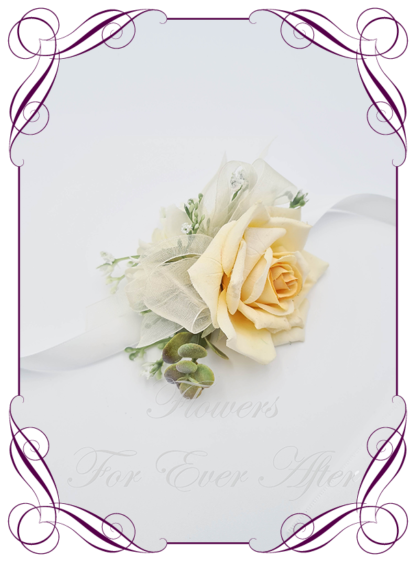Silk flower corsage in yellow and white. Ladies corsage wrist corsage, for wedding mother of the bride groom, formal corsage, dance deb debutante corsage, prom corsage. Made in Melbourne Australia. Buy online.