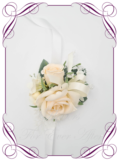 Silk flower corsage in cream and white. Ladies corsage wrist corsage, for wedding mother of the bride groom, formal corsage, dance deb debutante corsage, prom corsage. Made in Melbourne Australia. Buy online.