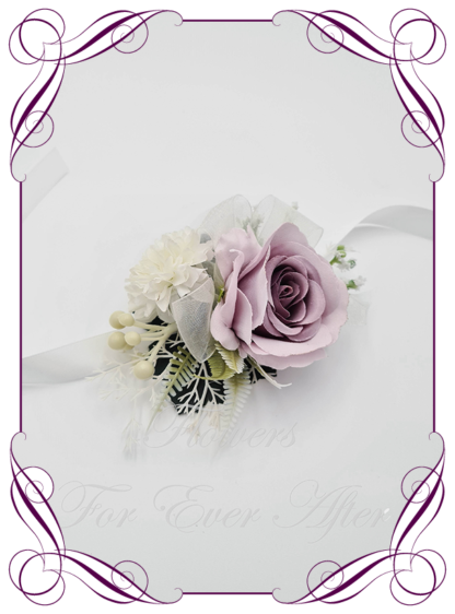 Silk flower corsage in dusty lilac mauve and White. Ladies corsage wrist corsage, for wedding mother of the bride groom, formal corsage, dance deb debutante corsage, prom corsage. Made in Melbourne Australia. Buy online.