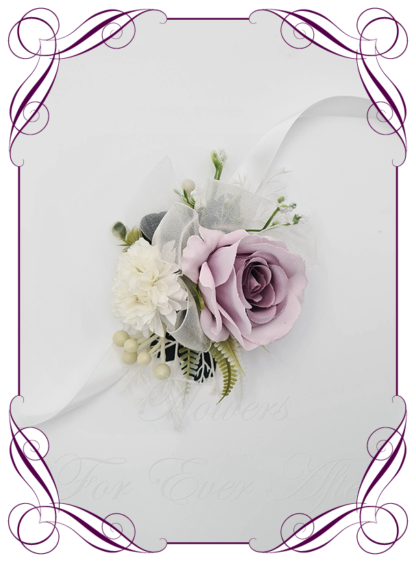 Silk flower corsage in dusty lilac mauve and White. Ladies corsage wrist corsage, for wedding mother of the bride groom, formal corsage, dance deb debutante corsage, prom corsage. Made in Melbourne Australia. Buy online.