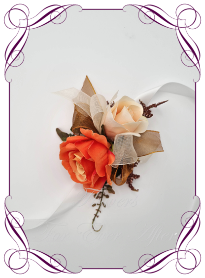 Silk flower corsage in peach and orange. Ladies corsage wrist corsage, for wedding mother of the bride groom, formal corsage, dance deb debutante corsage, prom corsage. Made in Melbourne Australia. Buy online.