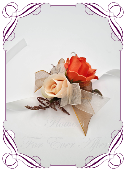 Silk flower corsage in peach and orange. Ladies corsage wrist corsage, for wedding mother of the bride groom, formal corsage, dance deb debutante corsage, prom corsage. Made in Melbourne Australia. Buy online.