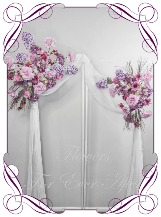 Silk Wedding ceremony arbour flowers package in artificial pastel spring colour arbor florals. Décor for wedding ceremony backdrop decoration. Faux Roses, dahlia, hydrangea, poppies. Buy online now. Shipping world wide. Cheap wedding arbor decoration ideas.