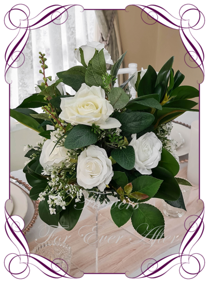 Silk faux ivory, white table centrepiece decoration flowers. Wedding table florals. Shower table decorations. Realistic romantic wedding table centrepiece with roses, baby's breath, and foliage. Affordable table decoration flowers. Made in Australia. Buy online. Shipping world wide.