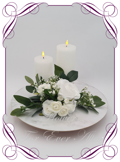 Silk faux ivory, white table centrepiece decoration flowers. Wedding table florals. Shower table decorations. Realistic romantic wedding table centrepiece with roses, baby's breath, and foliage. Affordable table decoration flowers. Made in Australia. Buy online. Shipping world wide.