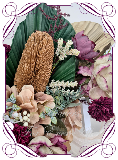 Silk Wedding ceremony arbour flowers package in artificial burgundy, plum, gold, green, brown arbor florals. Décor for wedding ceremony backdrop decoration. Faux Roses, magnolia, wisteria. Buy online now. Shipping world wide. Cheap wedding arbor decoration ideas.