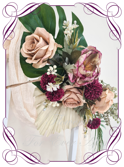 Silk Wedding ceremony arbour flowers package in artificial burgundy, plum, gold, green, brown arbor florals. Décor for wedding ceremony backdrop decoration. Faux Roses, magnolia, wisteria. Buy online now. Shipping world wide. Cheap wedding arbor decoration ideas.