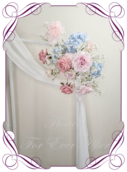 Silk Wedding ceremony arbour flowers package in artificial luxe pastel spring colour arbor florals. Décor for wedding ceremony backdrop decoration. Faux Roses, baby's breath, hydrangea. Buy online now. Shipping world wide. Cheap wedding arbor decoration ideas.