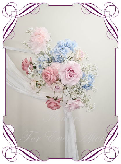 Silk Wedding ceremony arbour flowers package in artificial luxe pastel spring colour arbor florals. Décor for wedding ceremony backdrop decoration. Faux Roses, baby's breath, hydrangea. Buy online now. Shipping world wide. Cheap wedding arbor decoration ideas.