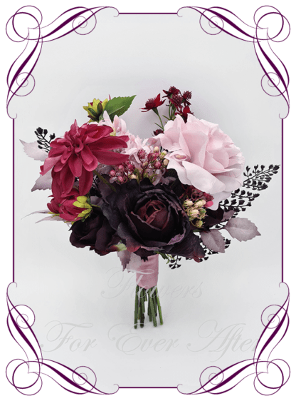 Artificial Bridal faux flowers in mauve, purple, pink, raspberry beauty and plum. Silk Brides Bouquet posy, featuring faux flowers including roses, berries, lilies, dahlia, and peonies, in an unusual modern contemporary bridal style. Made in Melbourne by Australia's Best Artificial Bridal Florist. Buy now Online. Worldwide Shipping available