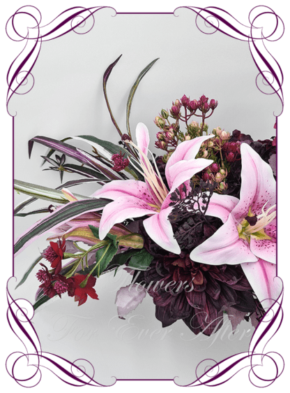 Artificial Bridal faux flowers in mauve, purple, pink, raspberry beauty and plum. Silk Brides Bouquet posy, featuring faux flowers including roses, berries, lilies, dahlia, and peonies, in an unusual modern contemporary bridal style. Made in Melbourne by Australia's Best Artificial Bridal Florist. Buy now Online. Worldwide Shipping available
