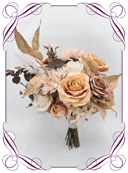 Artificial wedding flower package, silk bouquet set, faux flowers in nude, mustard, gold, champagne, and cream with brown accents. Bridal bouquet, bridesmaids bouquets posy. Featuring faux roses, silk dahlia, hydrangea, luxe rustic. Made in Melbourne by Australia's best florist. Buy online, shipping worldwide.