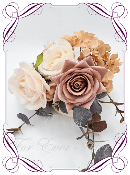 Artificial wedding flower package, silk bouquet set, faux flowers in nude, mustard, gold, champagne, and cream with brown accents. Bridal bouquet, bridesmaids bouquets posy. Featuring faux roses, silk dahlia, hydrangea, luxe rustic. Made in Melbourne by Australia's best florist. Buy online, shipping worldwide.