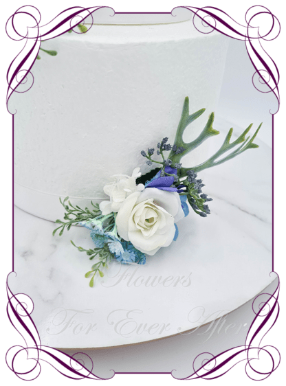 Silk artificial rustic cluster of navy blue, dusty light blue and white roses baby's breath and foliage wedding, birthday, communion, confirmation, christening, naming, event, engagement cake topper decoration. Cake flowers. Cake florals. Made in Melbourne Australia by Australia's best silk florist.
