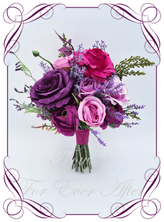 Artificial Bridal faux flowers in bright jewel tone lavender, purple, pink, raspberry beauty and fuchsia. Silk Brides Bouquet posy, featuring faux flowers including roses, berries, lilies, dahlia, and peonies, in an unusual modern contemporary bridal style. Made in Melbourne by Australia's Best Artificial Bridal Florist. Buy now Online. Worldwide Shipping available