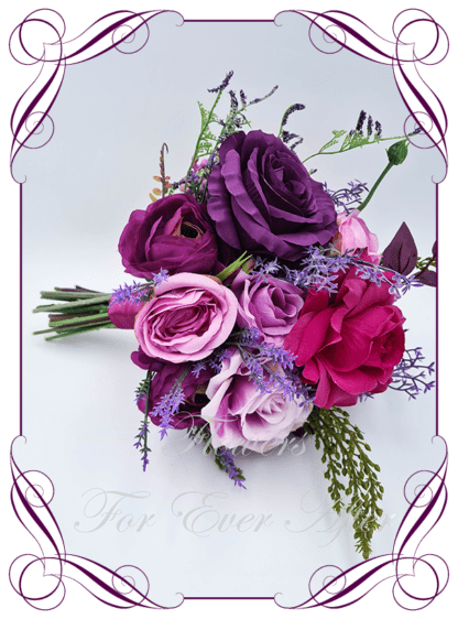 Artificial Bridal faux flowers in bright jewel tone lavender, purple, pink, raspberry beauty and fuchsia. Silk Brides Bouquet posy, featuring faux flowers including roses, berries, lilies, dahlia, and peonies, in an unusual modern contemporary bridal style. Made in Melbourne by Australia's Best Artificial Bridal Florist. Buy now Online. Worldwide Shipping available