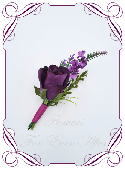 Men's wedding flowers faux silk artificial groom gents wedding formal button boutonniere with purple lavender and purple rose. Made in Melbourne Australia
