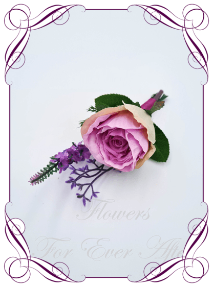 Men's wedding flowers faux silk artificial groom gents wedding formal button boutonniere with purple lavender and light purple rose. Made in Melbourne Australia