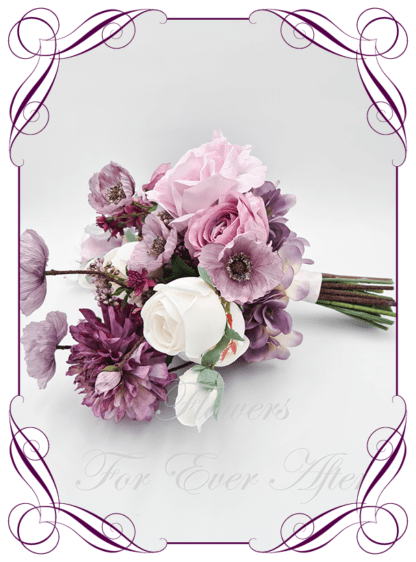 Artificial Bridal faux flowers in spring tone lavender, purple, blush pink, raspberry beauty and white. Silk Brides Bouquet posy, featuring faux flowers including roses, berries, lilies, dahlia, and peonies, in an unusual modern contemporary bridal style. Made in Melbourne by Australia's Best Artificial Bridal Florist. Buy now Online. Worldwide Shipping available
