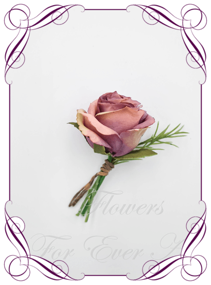 Men's wedding flowers faux silk artificial groom gents wedding formal button boutonniere with mauve rose. Made in Melbourne Australia