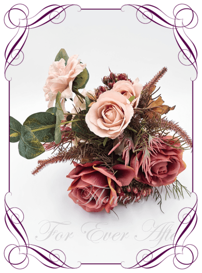 Artificial Bridal faux flowers in warm Autumn fall tone cream, rose pink, blush, and olive green. Silk Brides Bouquet posy, featuring faux flowers including roses, berries, lilies, dahlia, and peonies, in an unusual modern rustic bridal style. Made in Melbourne by Australia's Best Artificial Bridal Florist. Buy now Online. Worldwide Shipping available