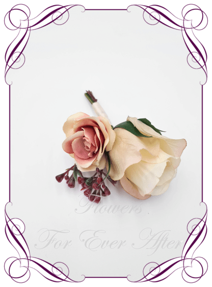 Men's wedding flowers faux silk artificial groom gents wedding formal button boutonniere with a champagne rose and dusty pink accent. Made in Melbourne Australia