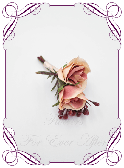 Men's wedding flowers faux silk artificial groom gents wedding formal button boutonniere with a champagne rose and dusty pink accent. Made in Melbourne Australia