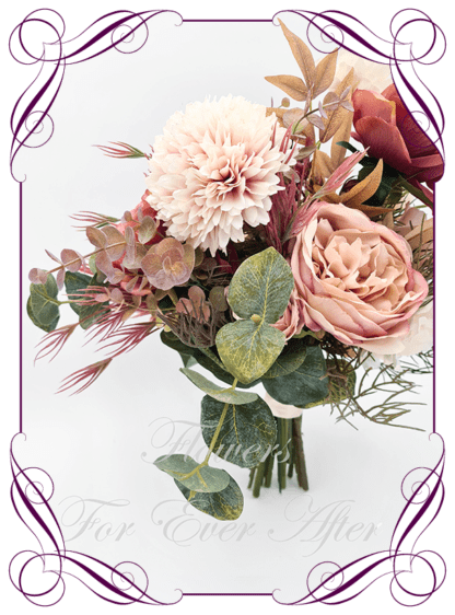 Artificial Bridal faux flowers in warm Autumn fall tone cream, rose pink, blush, and olive green. Silk Brides Bouquet posy, featuring faux flowers including roses, berries, lilies, dahlia, and peonies, in an unusual modern rustic bridal style. Made in Melbourne by Australia's Best Artificial Bridal Florist. Buy now Online. Worldwide Shipping available