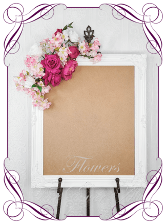 Silk Wedding ceremony sign flowers in artificial vibrant fuchsia and blush pink sign florals. Décor for wedding ceremony and reception sign decoration. Faux Roses, peonies, and cherry blossom. Buy online now. Shipping world wide. Cheap wedding sign decoration ideas.